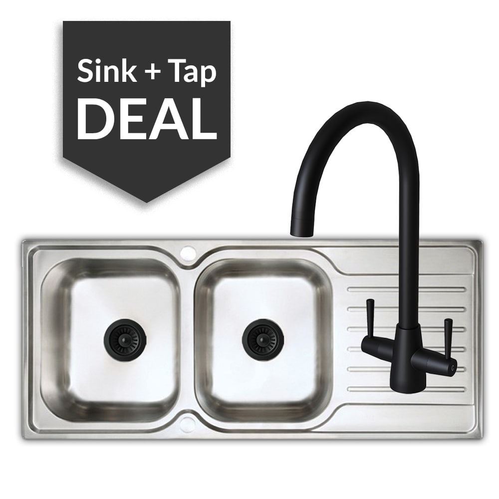 Premium Stainless Steel 2 Bowl Sink & Cascade Matte Black Tap Pack
