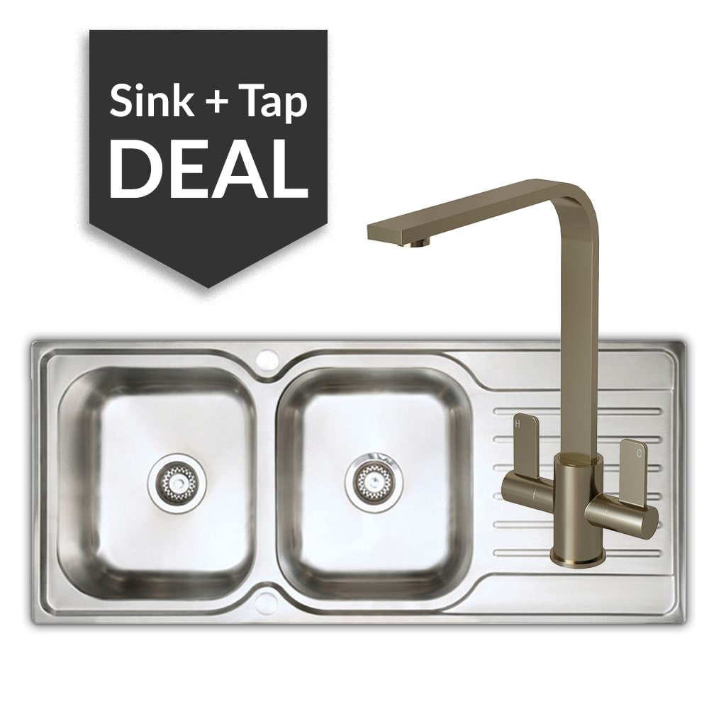 Premium Stainless Steel 2 Bowl Sink & Mesa Brushed Steel Tap Pack