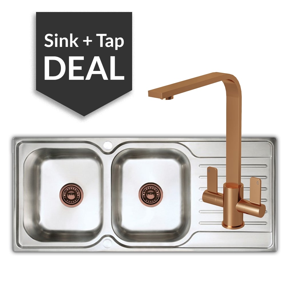 Premium Stainless Steel 2 Bowl Sink & Mesa Copper Tap Pack