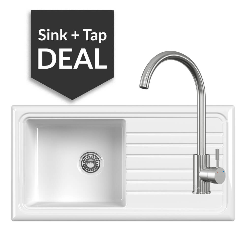 Ceramic Single Bowl Sink & Varone Brushed Steel Tap Pack - 2024