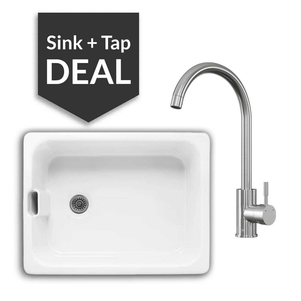 600mm Single Belfast Sink & Varone Brushed Steel Tap Pack - 2024