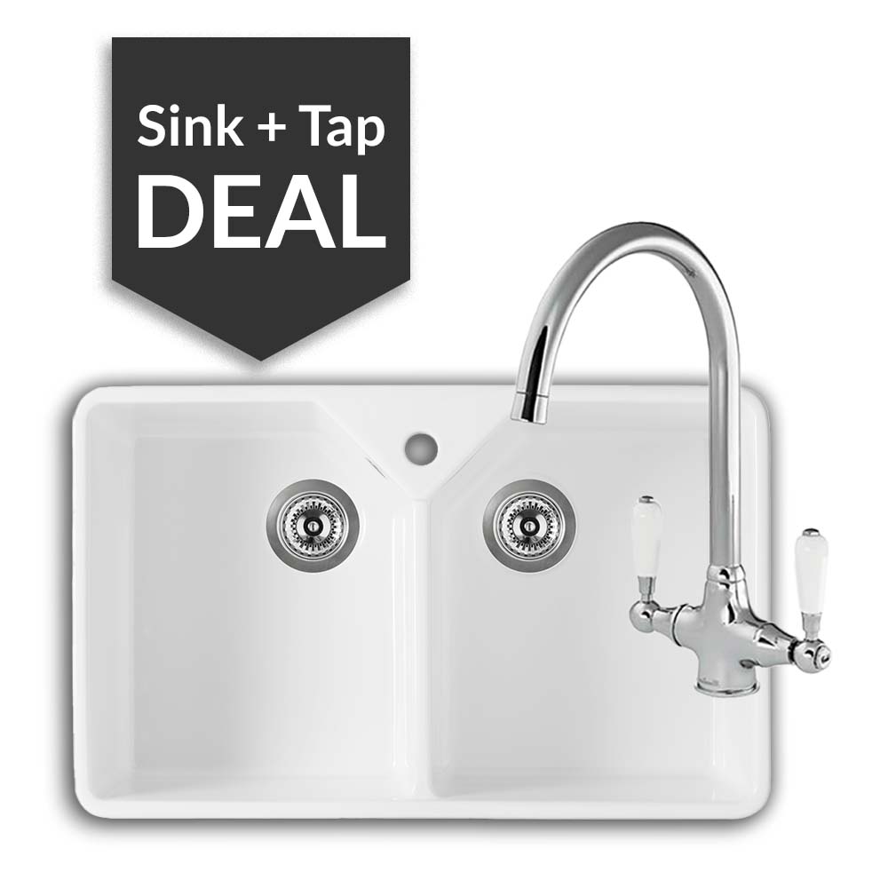 800mm Double Belfast Sink & Belmore Chrome Tap Pack - 2024