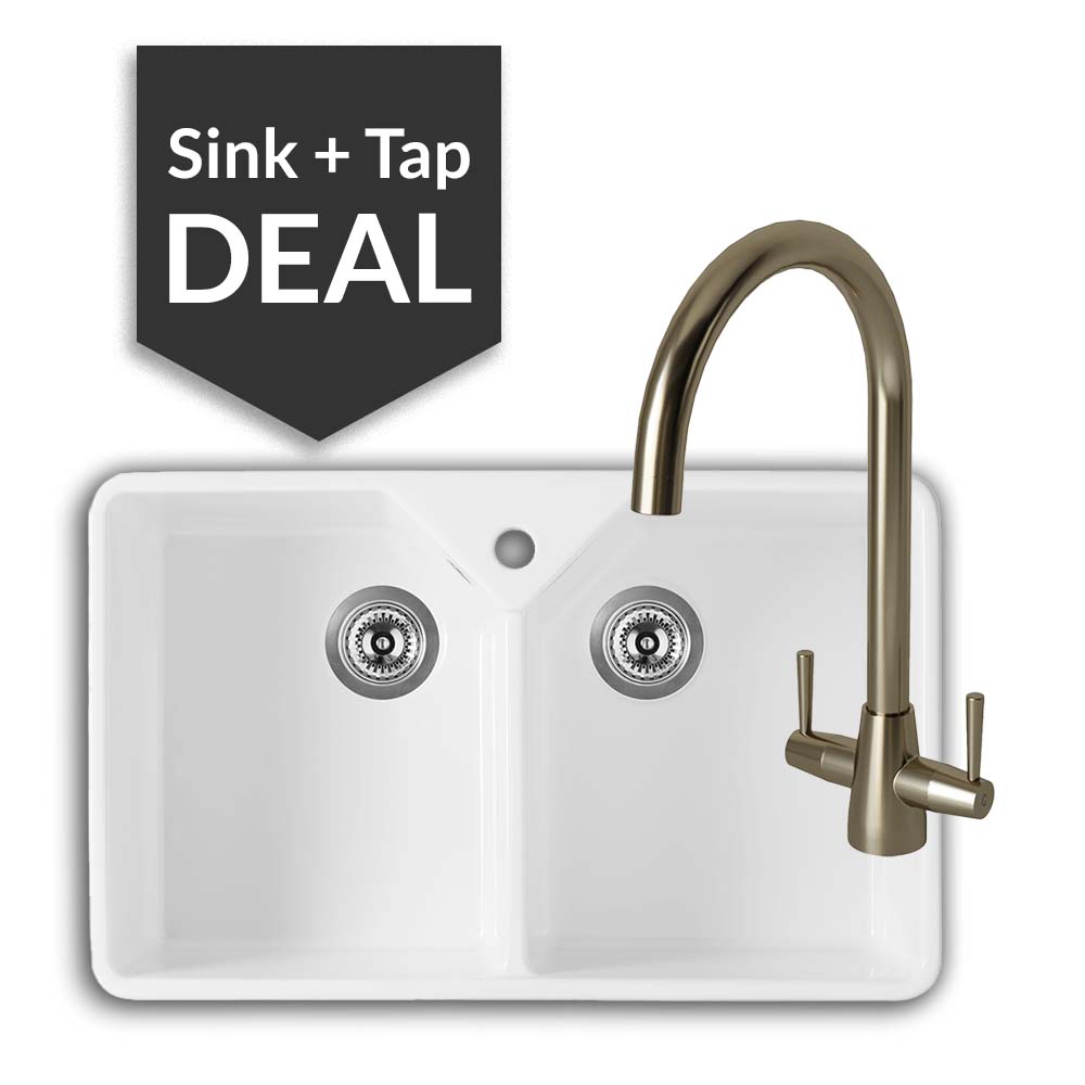 800mm Double Belfast Sink & Cascade Brushed Steel Tap Pack - 2024