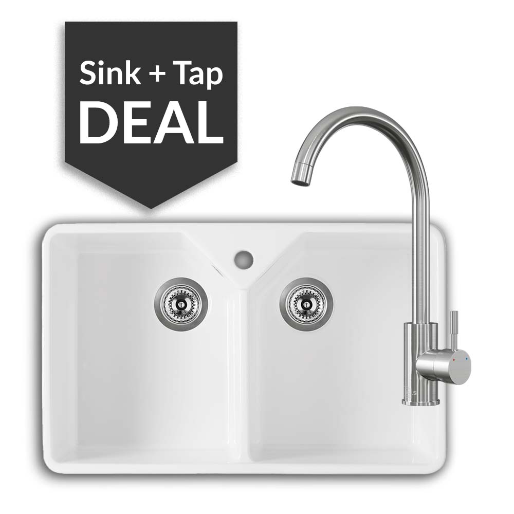 800mm Double Belfast Sink & Varone Brushed Steel Tap Pack - 2024