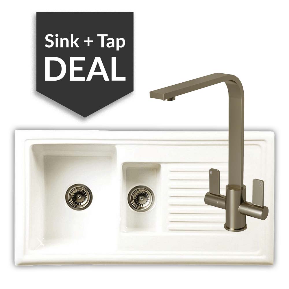 Ceramic 1.5 Bowl Sink & Mesa Brushed Steel Tap Pack - 2024