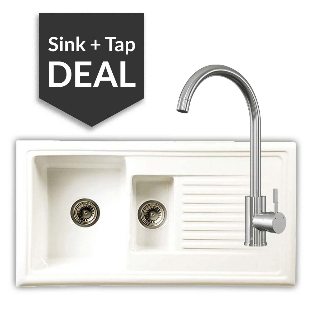 Ceramic 1.5 Bowl Sink & Varone Brushed Steel Tap Pack - 2024