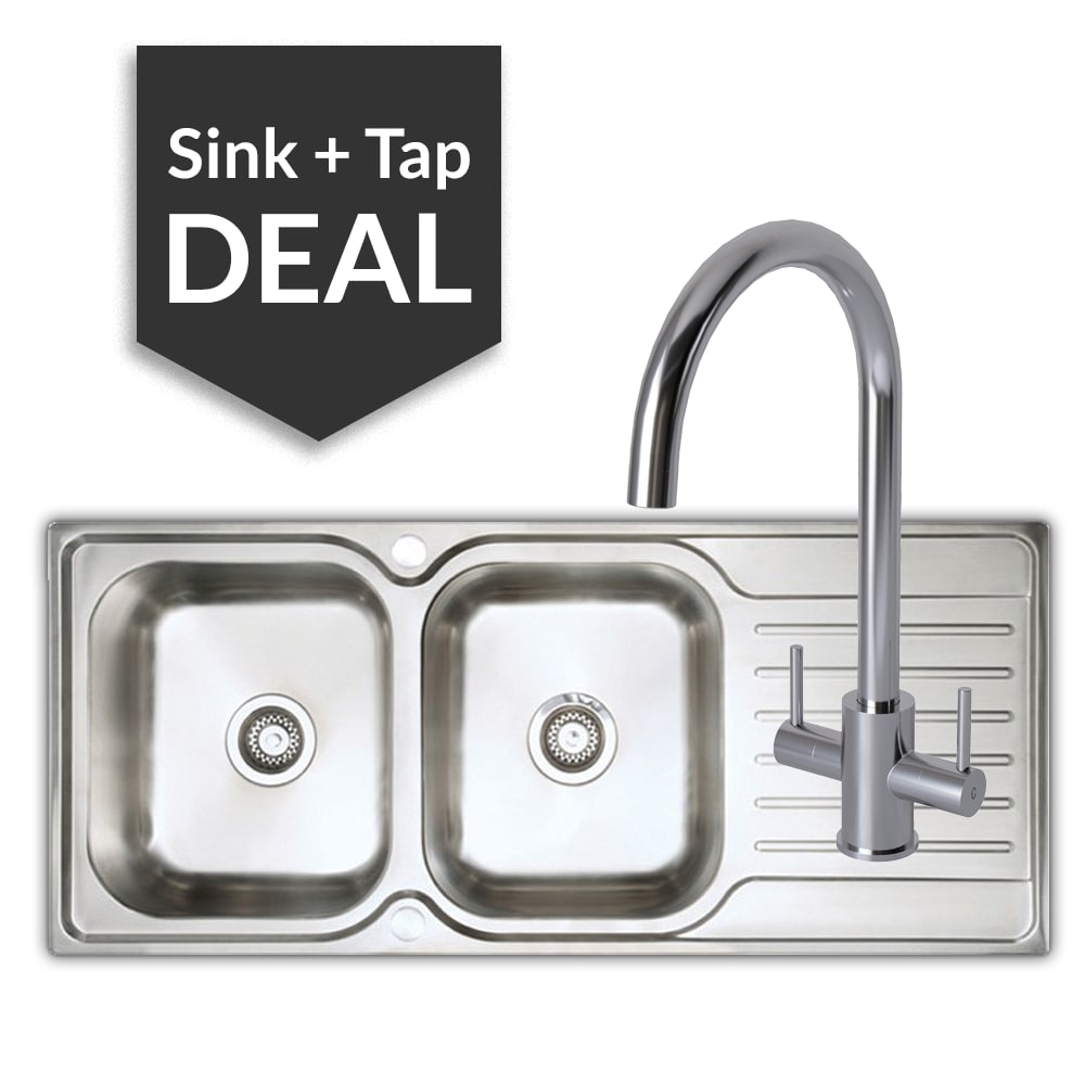 Premium Stainless Steel 2 Bowl Sink & Apsley Chrome Tap Pack - 2024