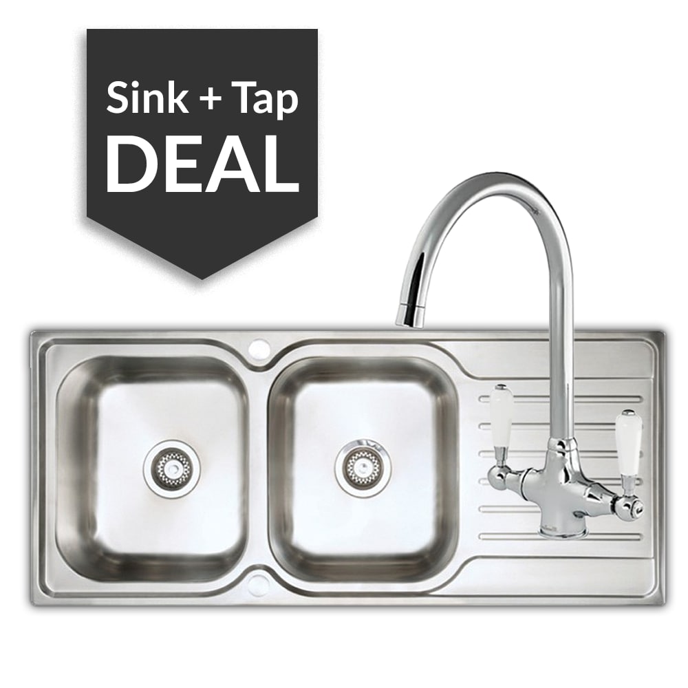 Premium Stainless Steel 2 Bowl Sink & Belmore Chrome Tap Pack - 2024