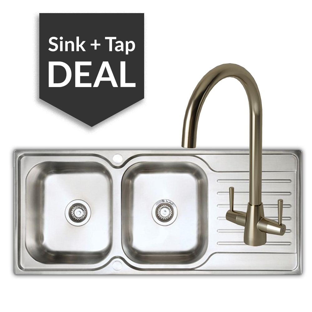 Premium Stainless Steel 2 Bowl Sink & Cascade Brushed Steel Tap Pack - 2024