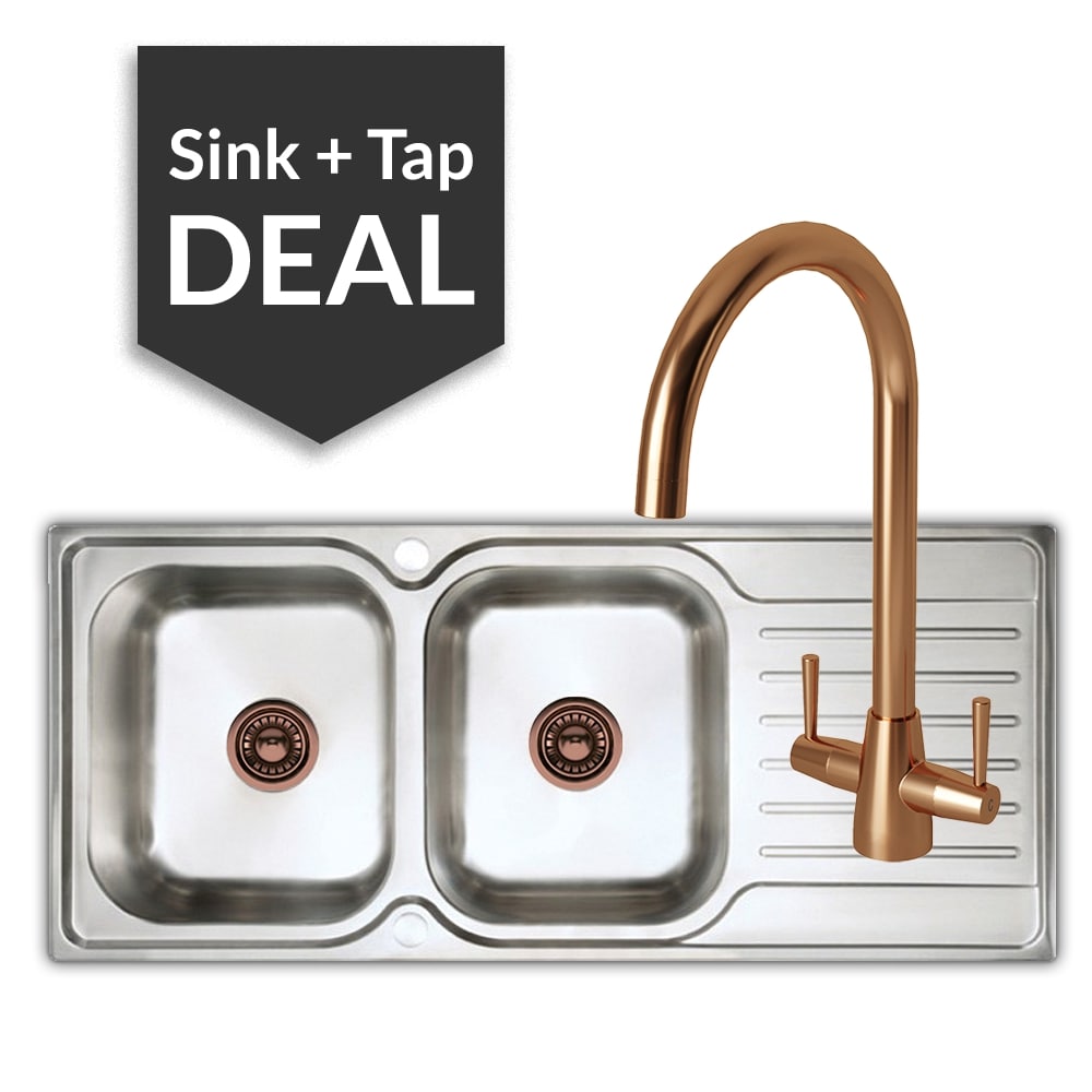 Premium Stainless Steel 2 Bowl Sink & Cascade Copper Tap Pack - 2024