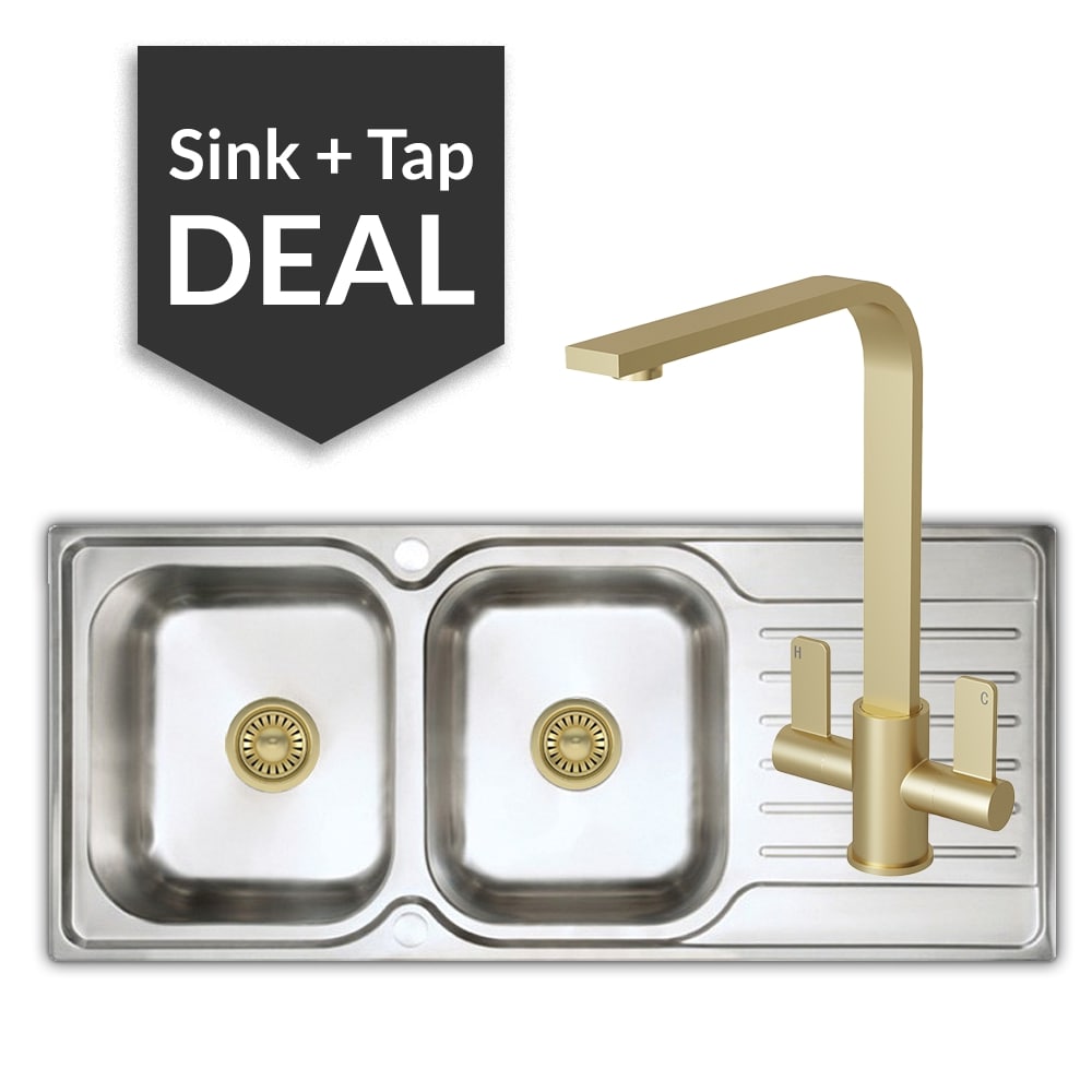 Premium Stainless Steel 2 Bowl Sink & Mesa Brass Tap Pack - 2024