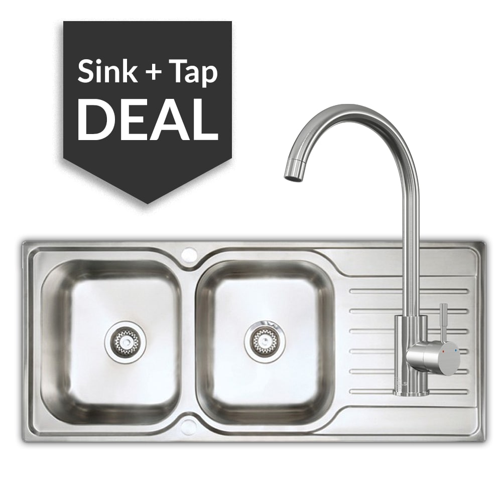 Premium Stainless Steel 2 Bowl Sink & Varone Brushed Steel Tap Pack - 2024