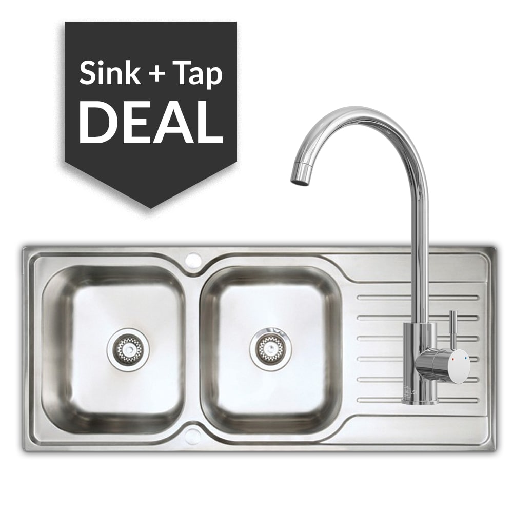 Premium Stainless Steel 2 Bowl Sink & Varone Chrome Tap Pack - 2024