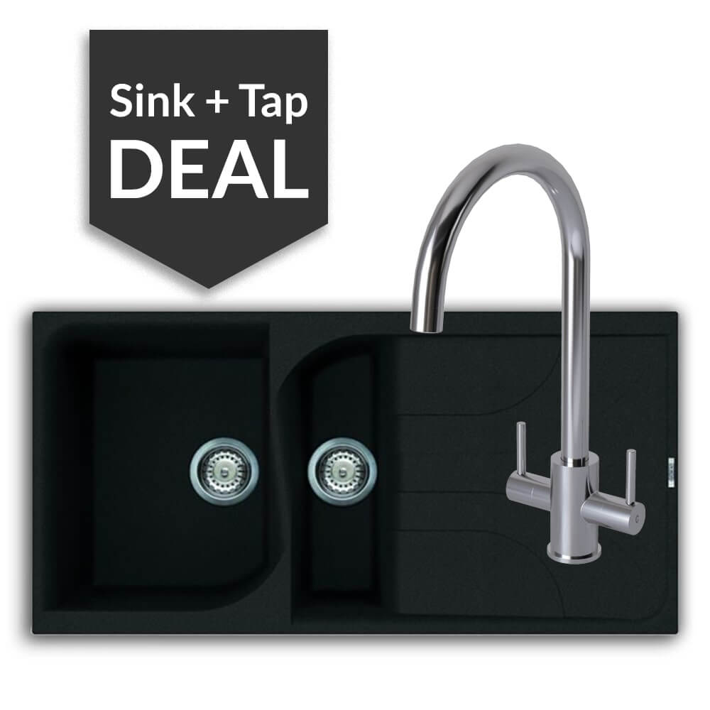 Quartz Black 1.5 Bowl Sink & Apsley Chrome Tap Pack - 2024