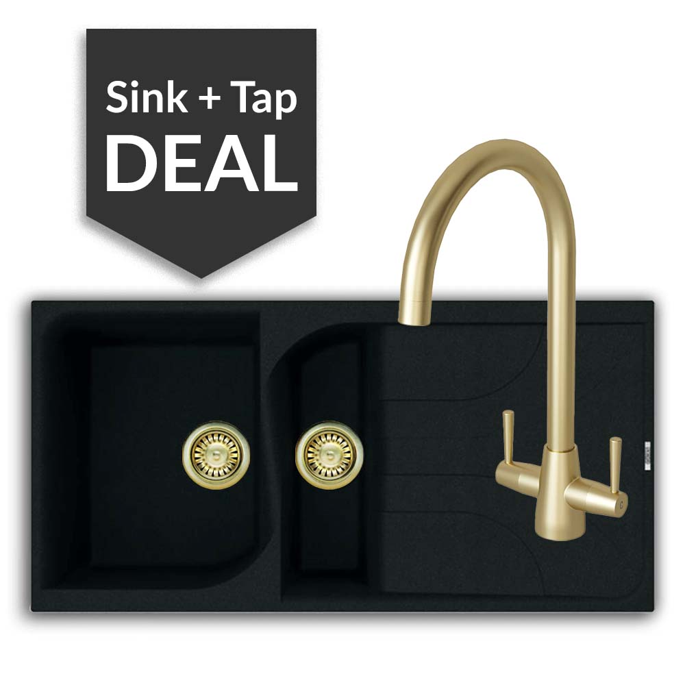 Quartz Black 1.5 Bowl Sink & Cascade Brass Tap Pack - 2024