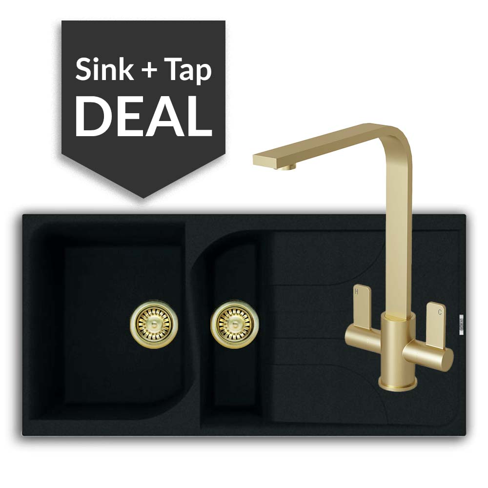 Quartz Black 1.5 Bowl Sink & Mesa Brass Tap Pack - 2024