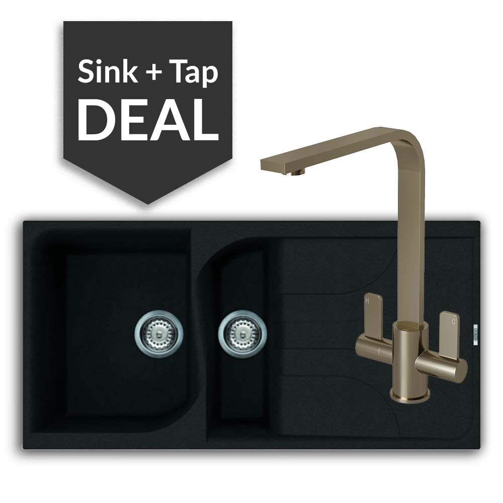 Quartz Black 1.5 Bowl Sink & Mesa Brushed Steel Tap Pack - 2024