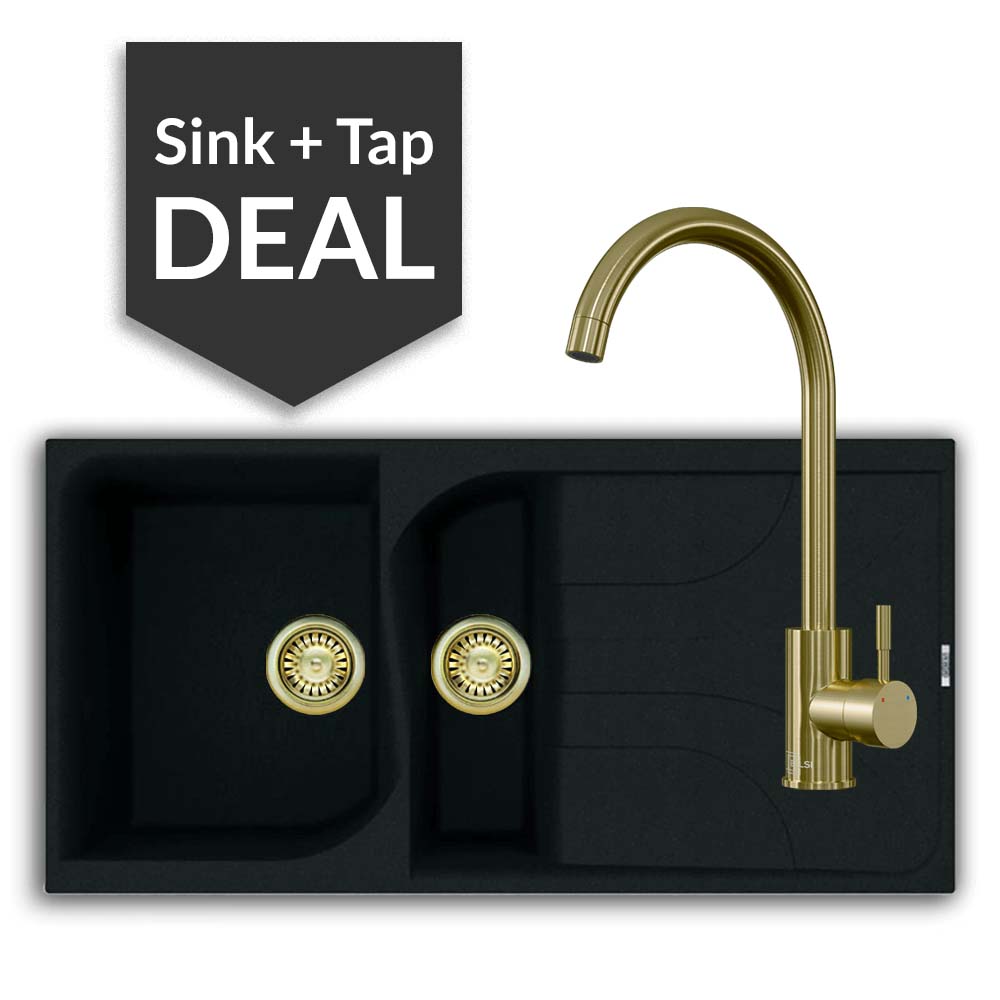 Quartz Black 1.5 Bowl Sink & Varone Brass Tap Pack - 2024