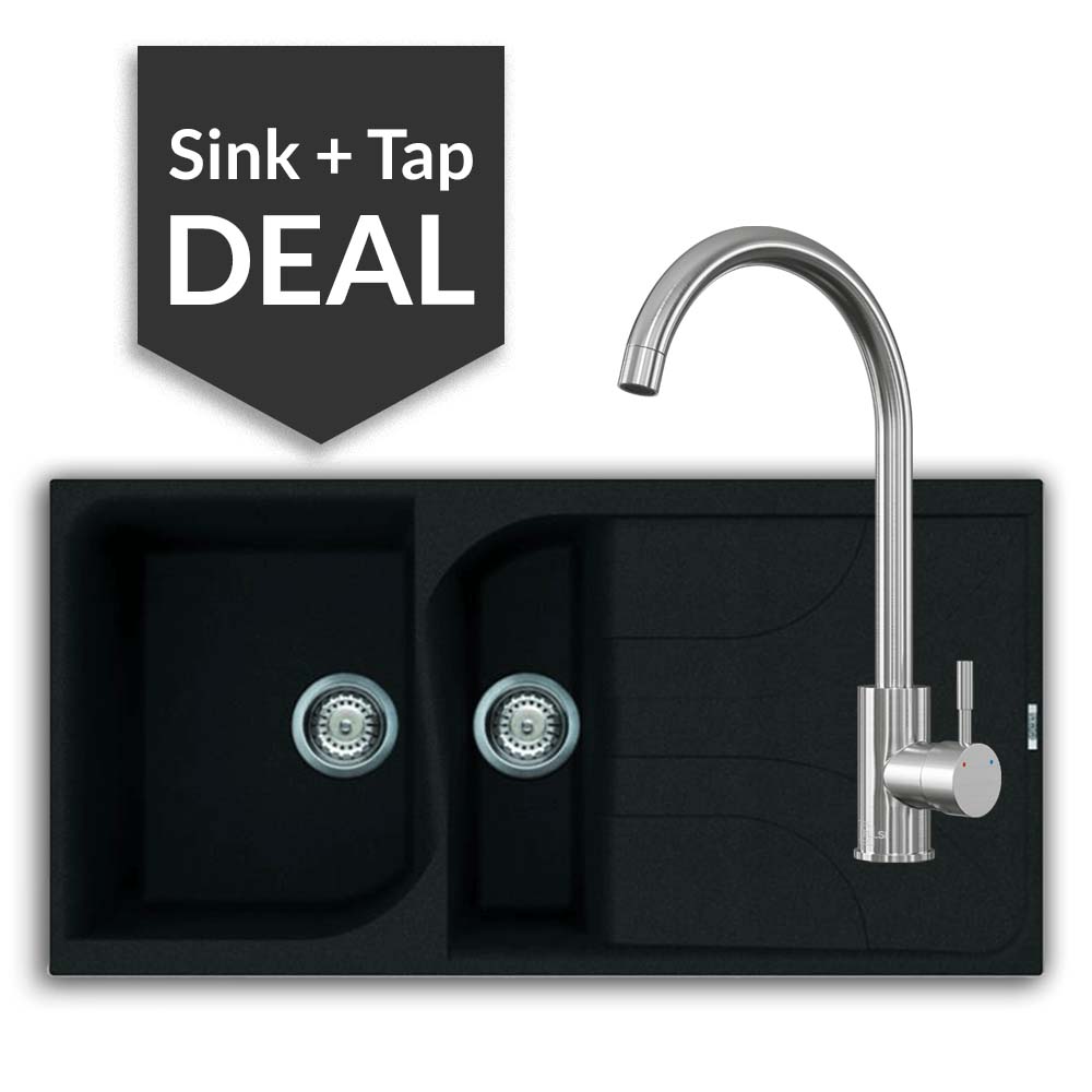 Quartz Black 1.5 Bowl Sink & Varone Brushed Steel Tap Pack - 2024