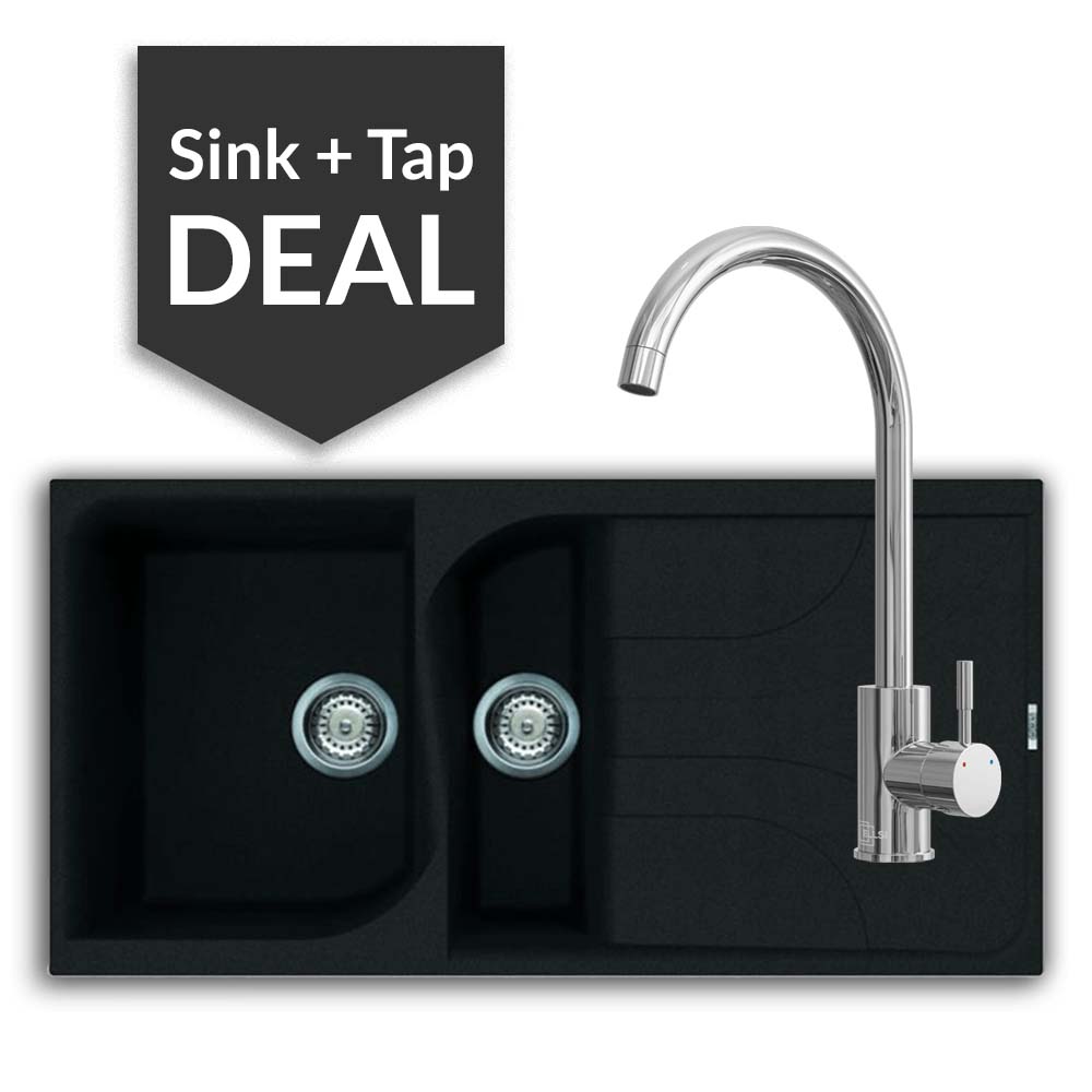 Quartz Black 1.5 Bowl Sink & Varone Chrome Tap Pack - 2024