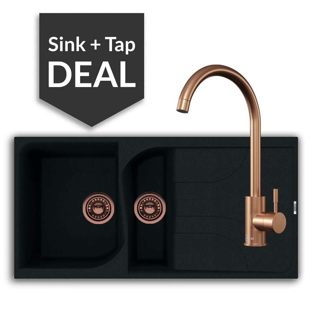 Quartz Black 1.5 Bowl Sink & Varone Copper Tap Pack - 2024