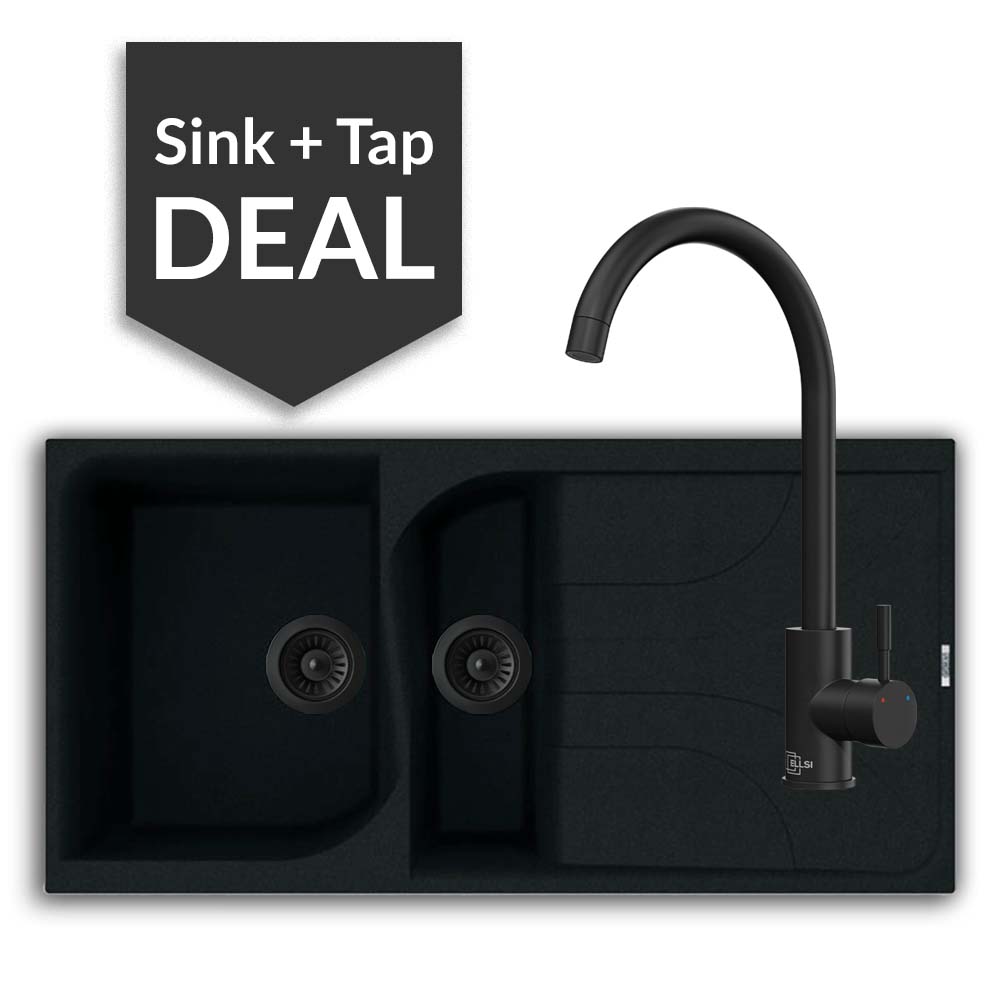 Quartz Black 1.5 Bowl Sink & Varone Matte Black Tap Pack - 2024