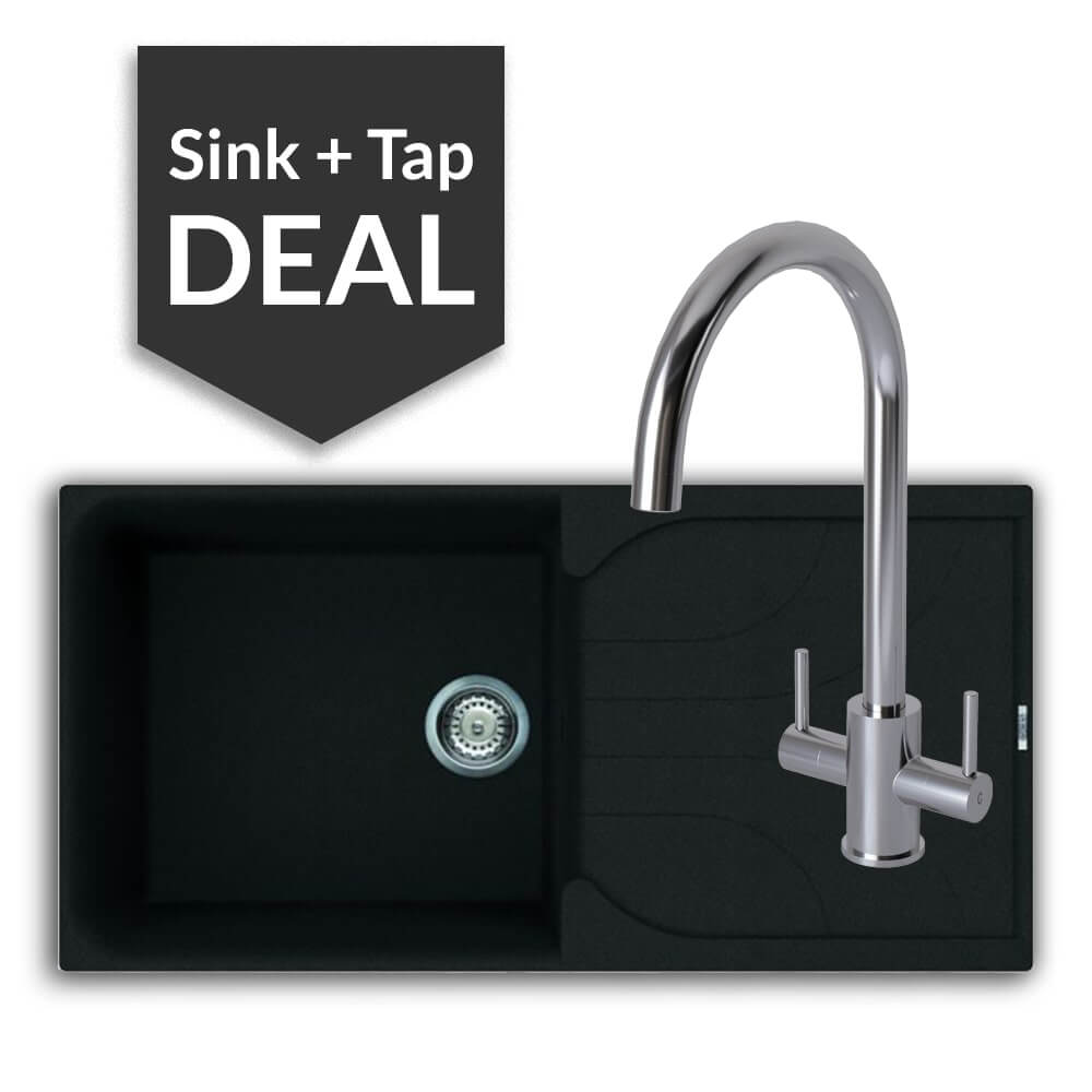 Quartz Black Large Single Bowl Sink & Apsley Chrome Tap Pack - 2024