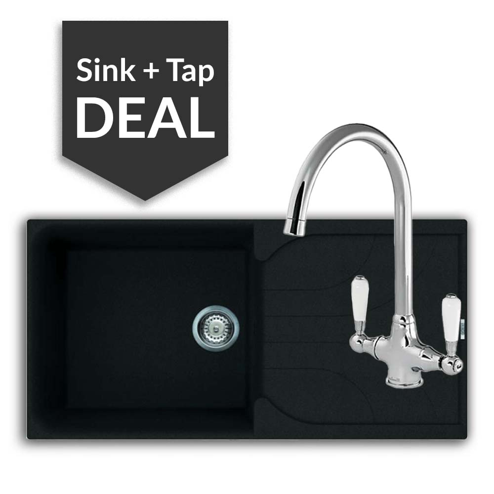 Quartz Black Large Single Bowl Sink & Belmore Chrome Tap Pack - 2024