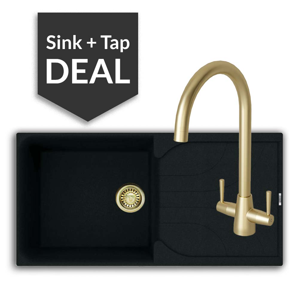 Quartz Black Large Single Bowl Sink & Cascade Brass Tap Pack - 2024