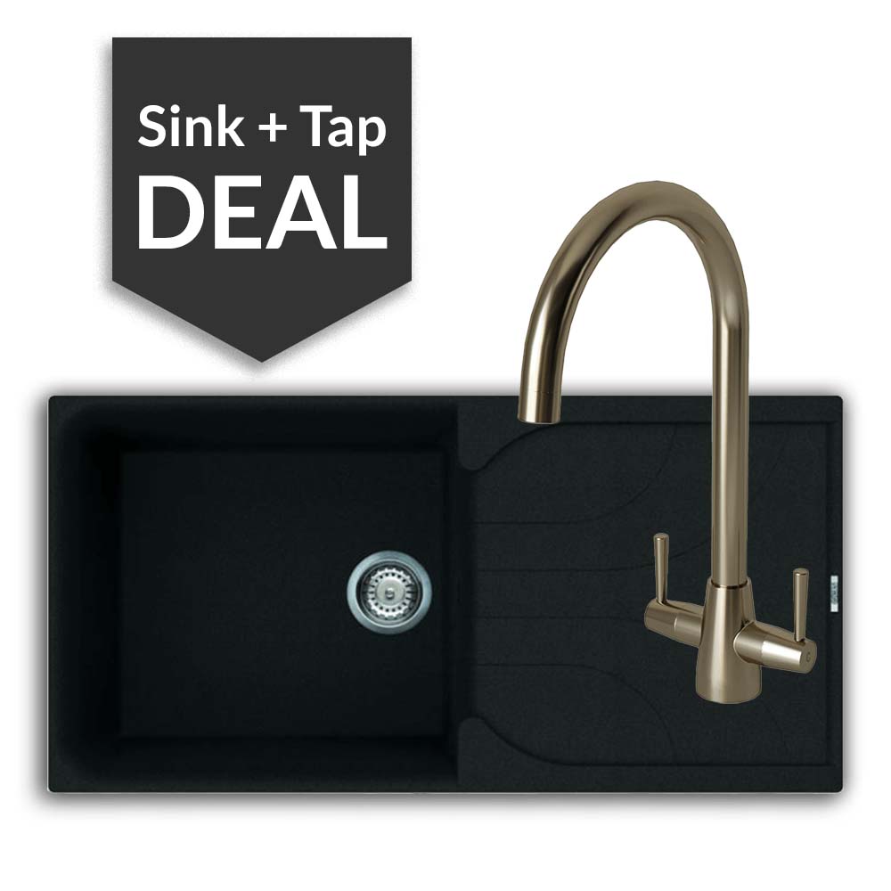 Quartz Black Large Single Bowl Sink & Cascade Brushed Steel Tap Pack - 2024