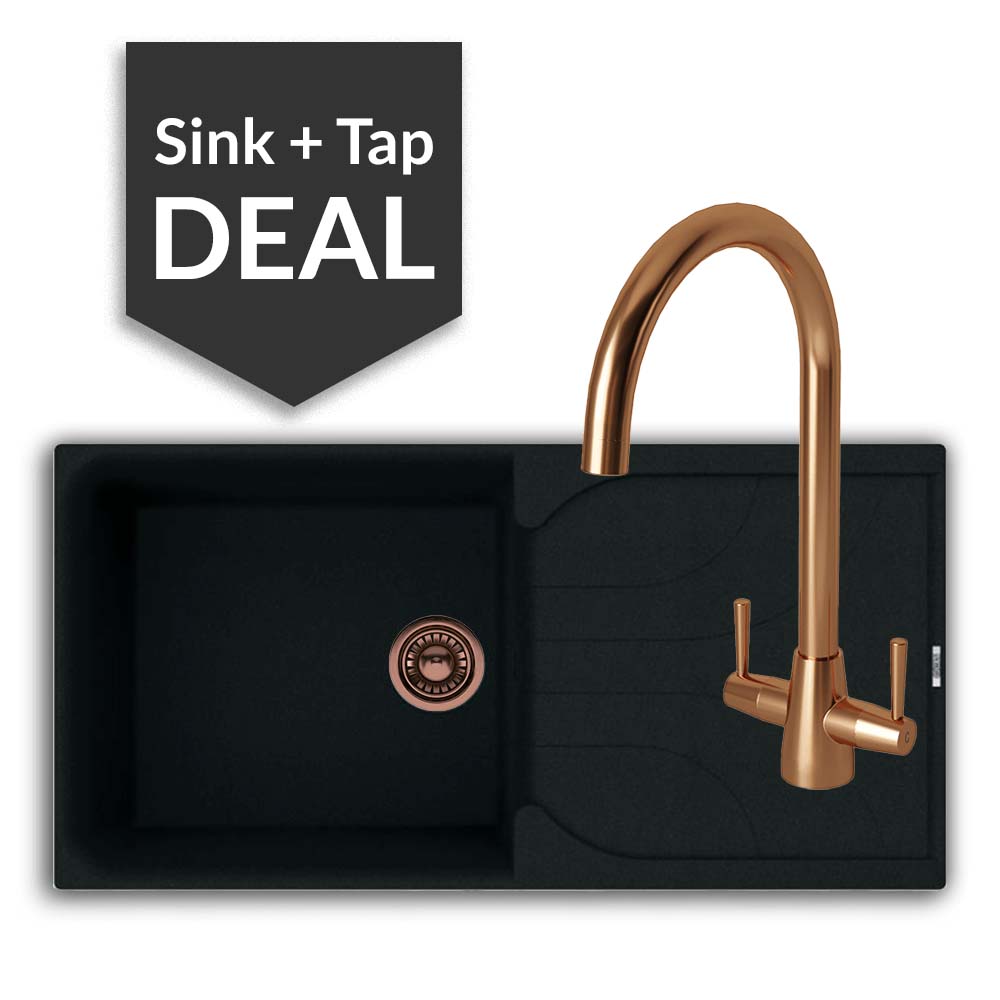 Quartz Black Large Single Bowl Sink & Cascade Copper Tap Pack - 2024