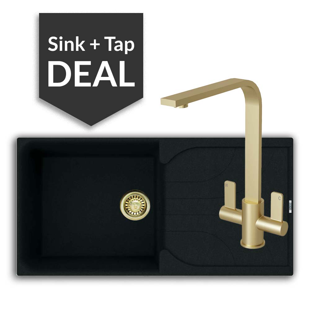 Quartz Black Large Single Bowl Sink & Mesa Brass Tap Pack - 2024