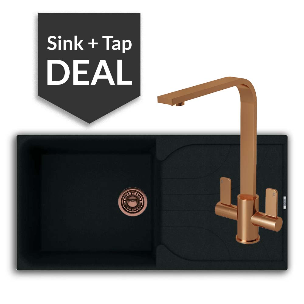 Quartz Black Large Single Bowl Sink & Mesa Copper Tap Pack - 2024