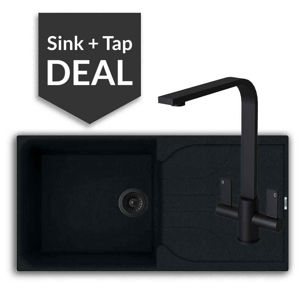 Quartz Black Large Single Bowl Sink & Mesa Matte Black Tap Pack - 2024