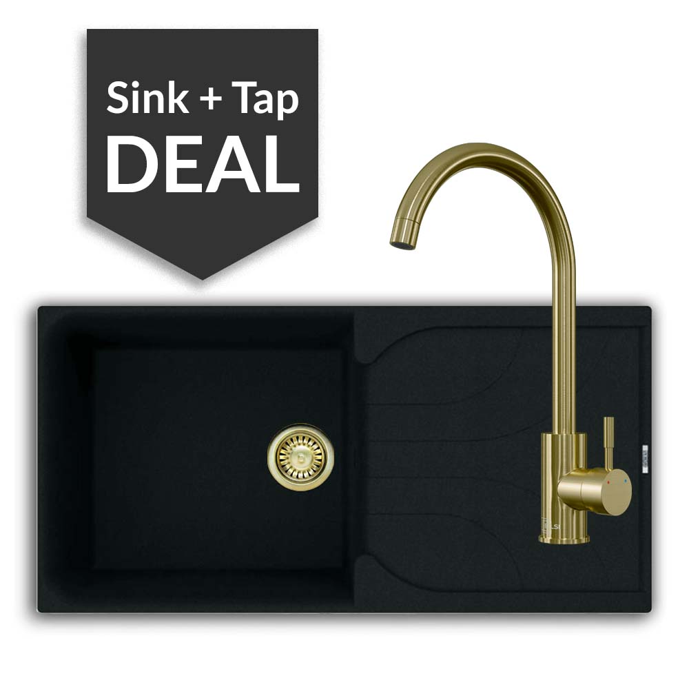 Quartz Black Large Single Bowl Sink & Varone Brass Tap Pack - 2024