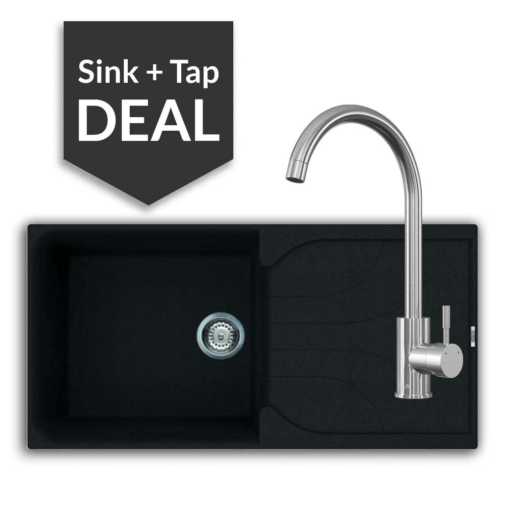 Quartz Black Large Single Bowl Sink & Varone Brushed Steel Tap Pack - 2024