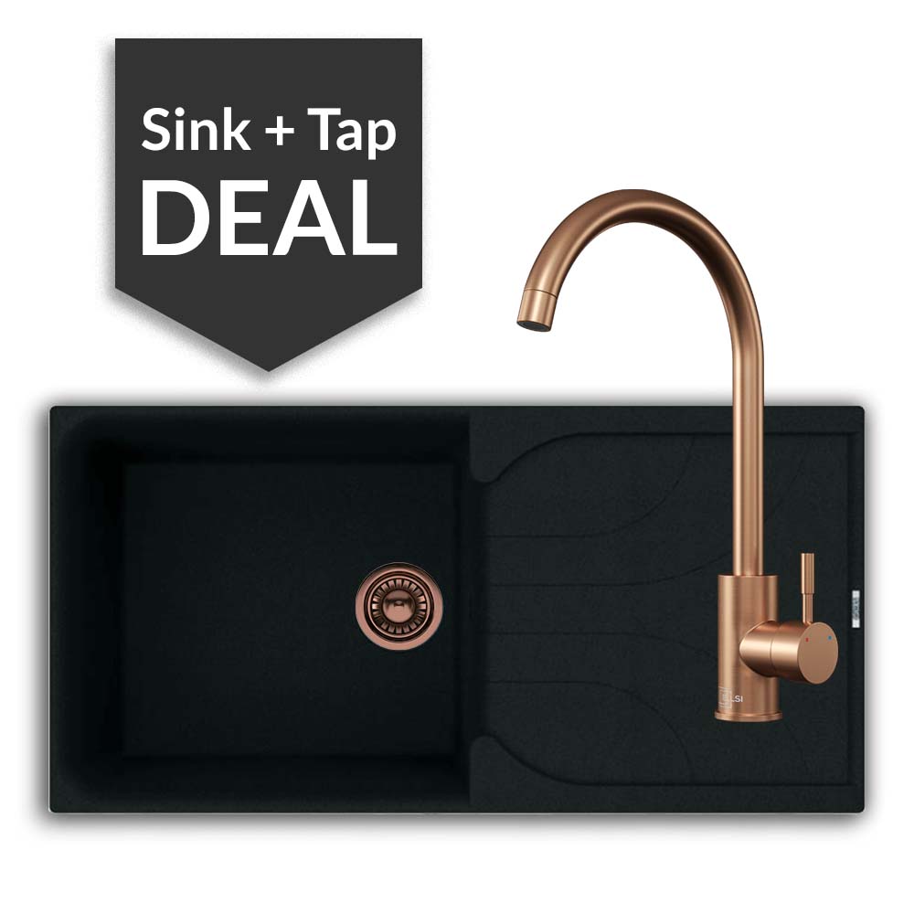 Quartz Black Large Single Bowl Sink & Varone Copper Tap Pack - 2024