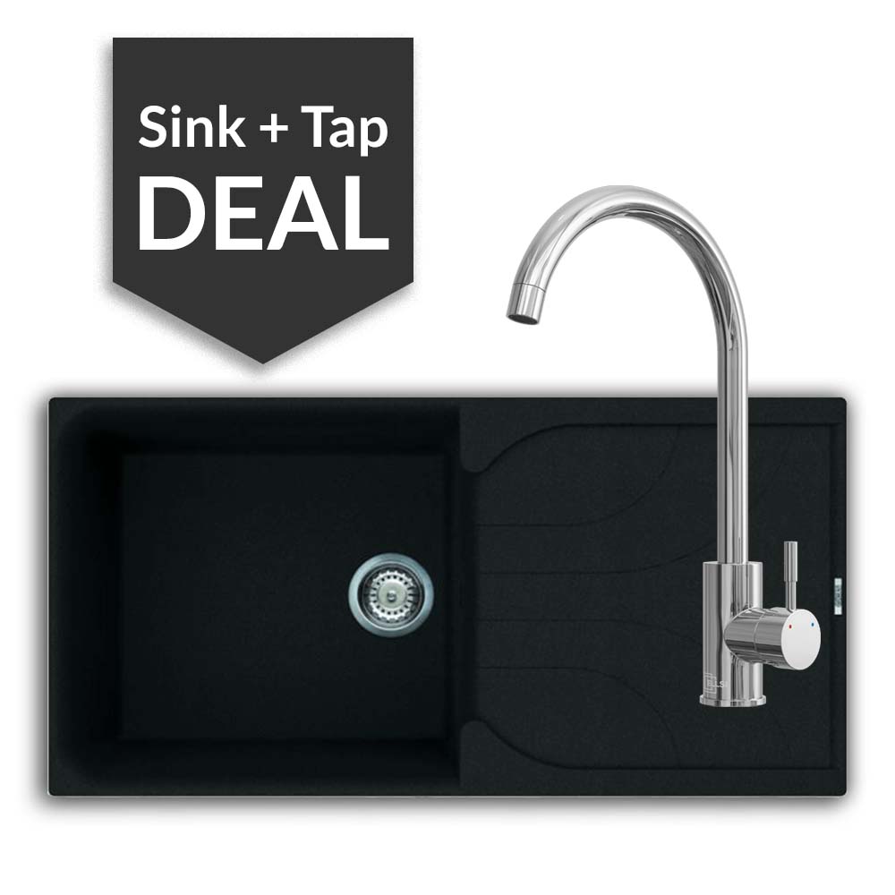 Quartz Black Large Single Bowl Sink & Varone Chrome Tap Pack - 2024