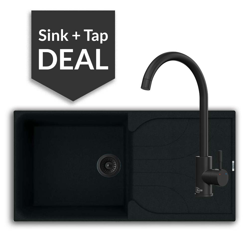 Quartz Black Large Single Bowl Sink & Varone Matte Black Tap Pack - 2024