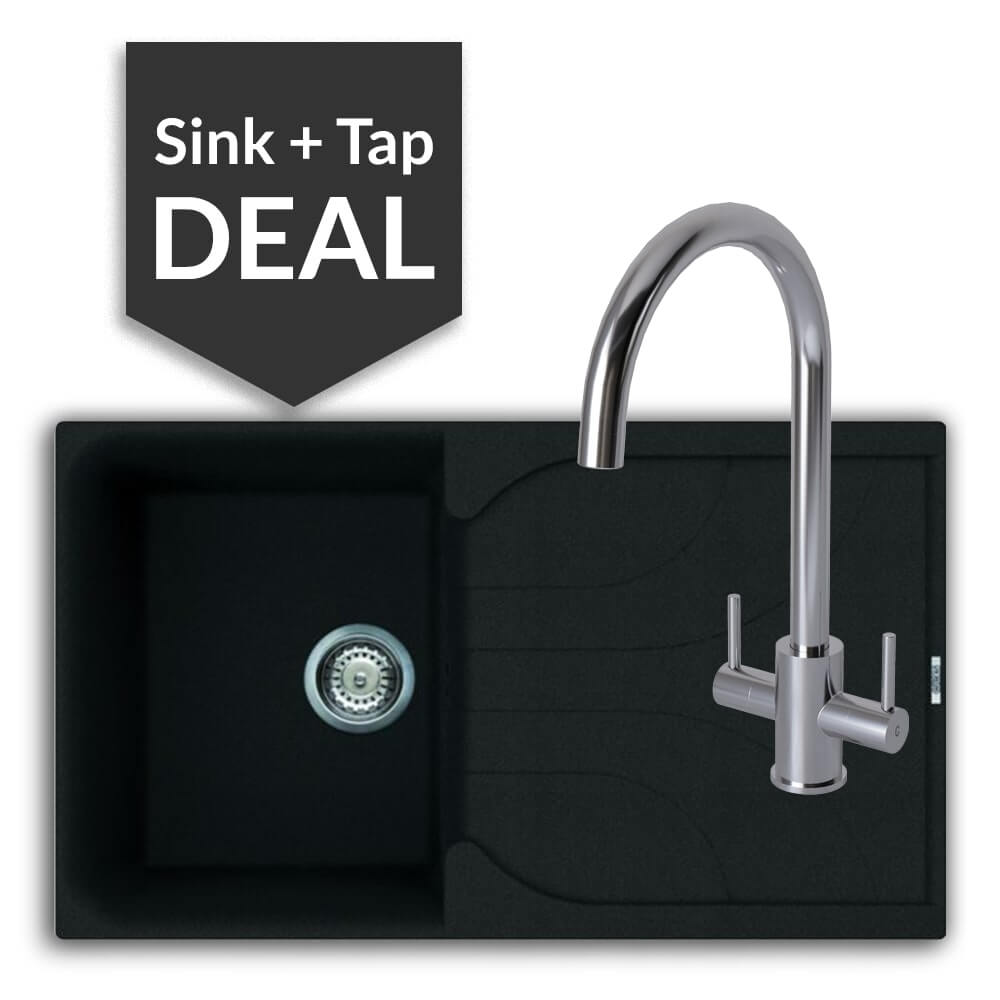 Quartz Black Small Single Bowl Sink & Apsley Chrome Tap Pack - 2024