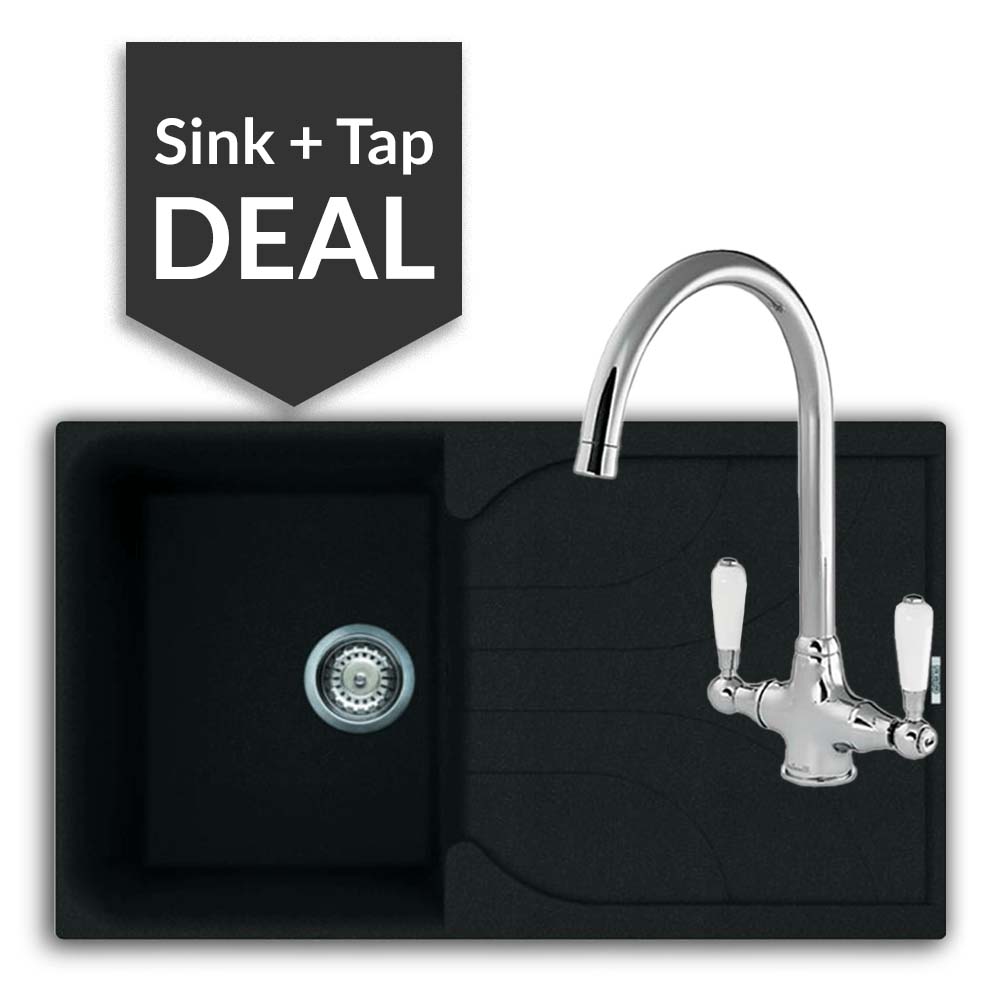 Quartz Black Small Single Bowl Sink & Belmore Chrome Tap Pack - 2024