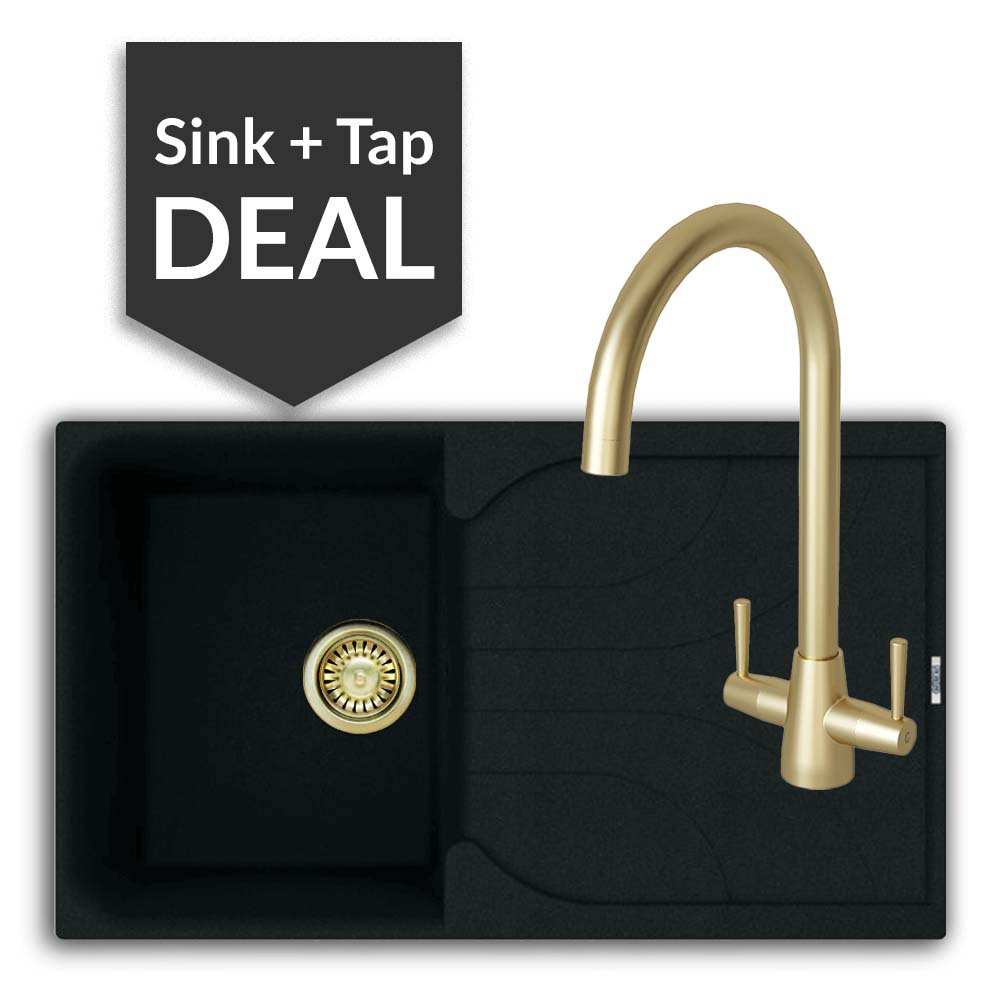 Quartz Black Small Single Bowl Sink & Cascade Brass Tap Pack - 2024