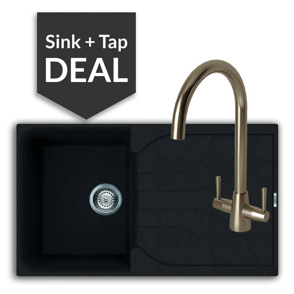 Quartz Black Small Single Bowl Sink & Cascade Brushed Steel Tap Pack - 2024