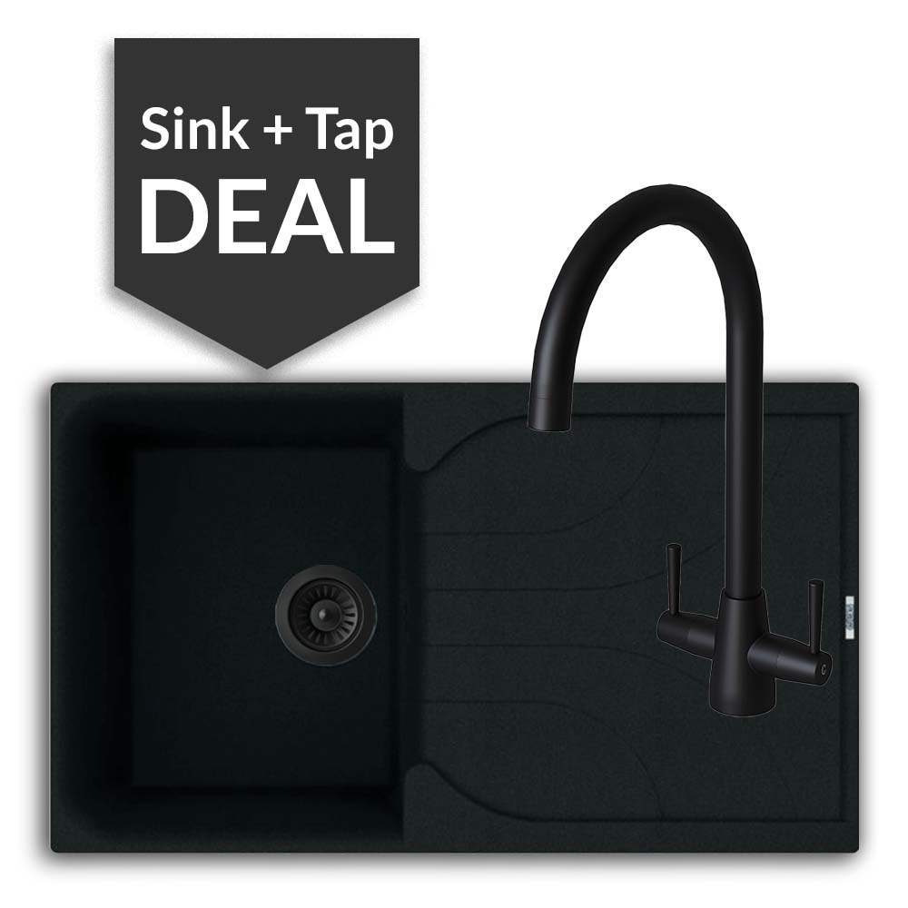 Quartz Black Small Single Bowl Sink & Cascade Matte Black Tap Pack - 2024