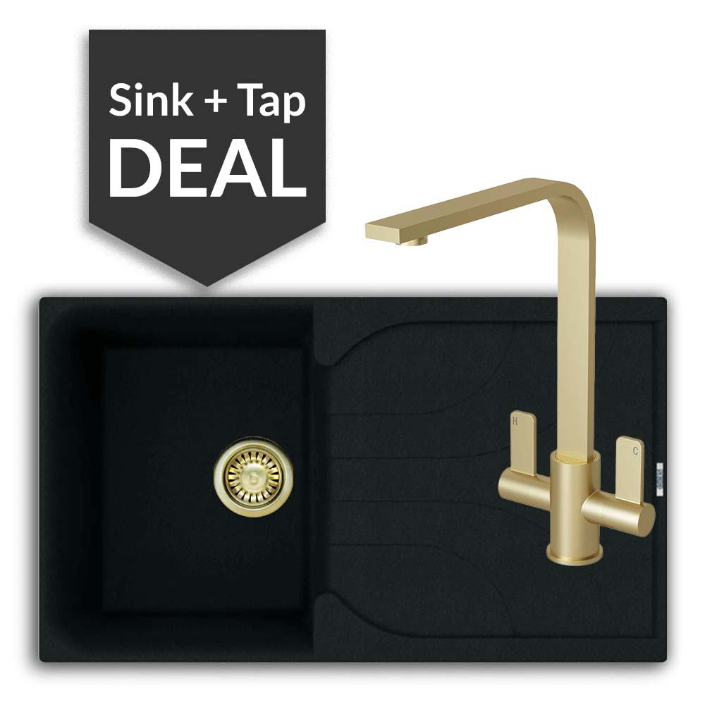 Quartz Black Small Single Bowl Sink & Mesa Brass Tap Pack - 2024