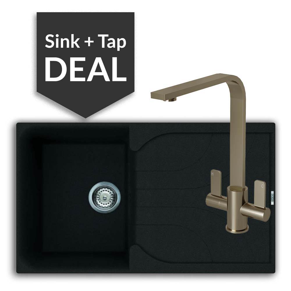 Quartz Black Small Single Bowl Sink & Mesa Brushed Steel Tap Pack - 2024