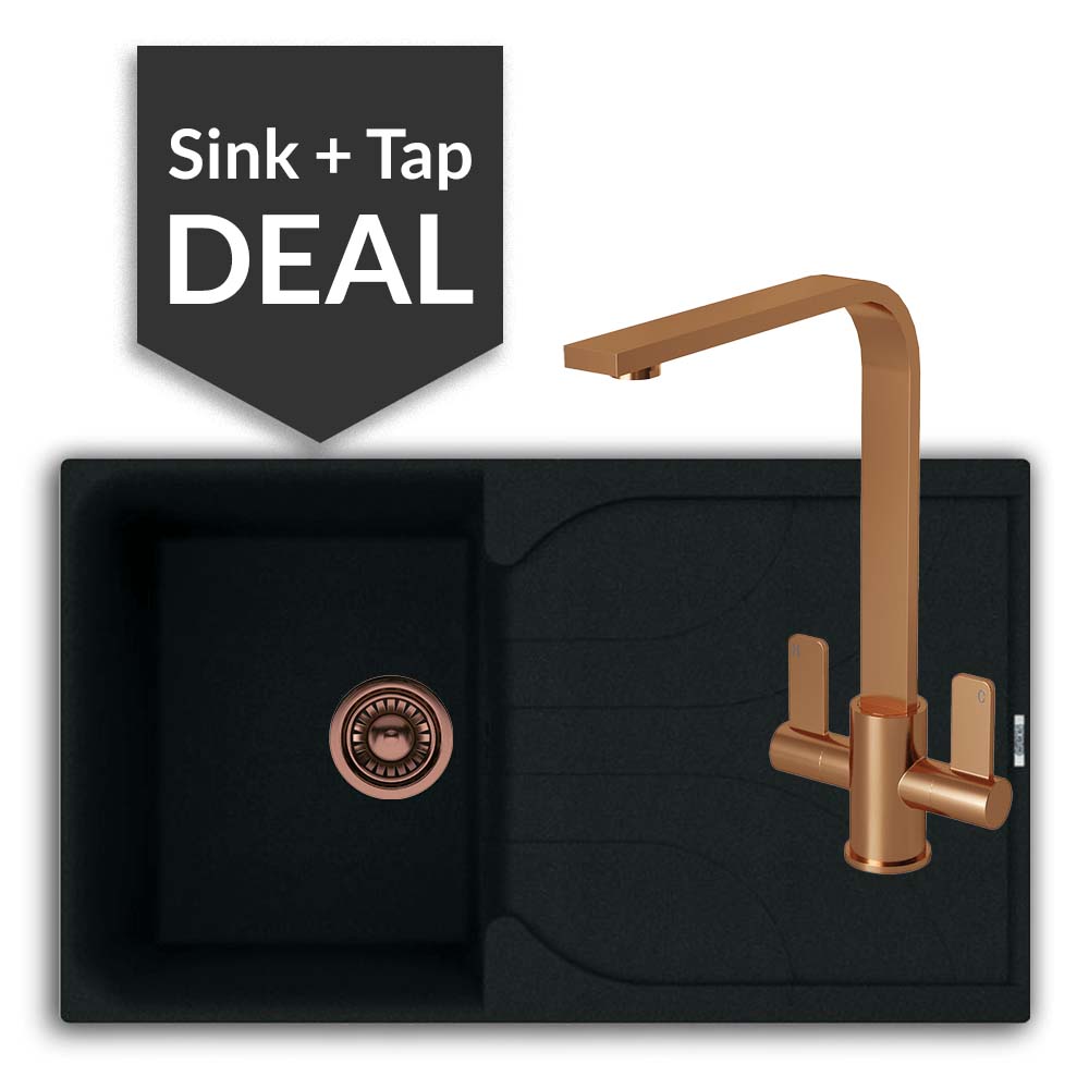 Quartz Black Small Single Bowl Sink & Mesa Copper Tap Pack - 2024