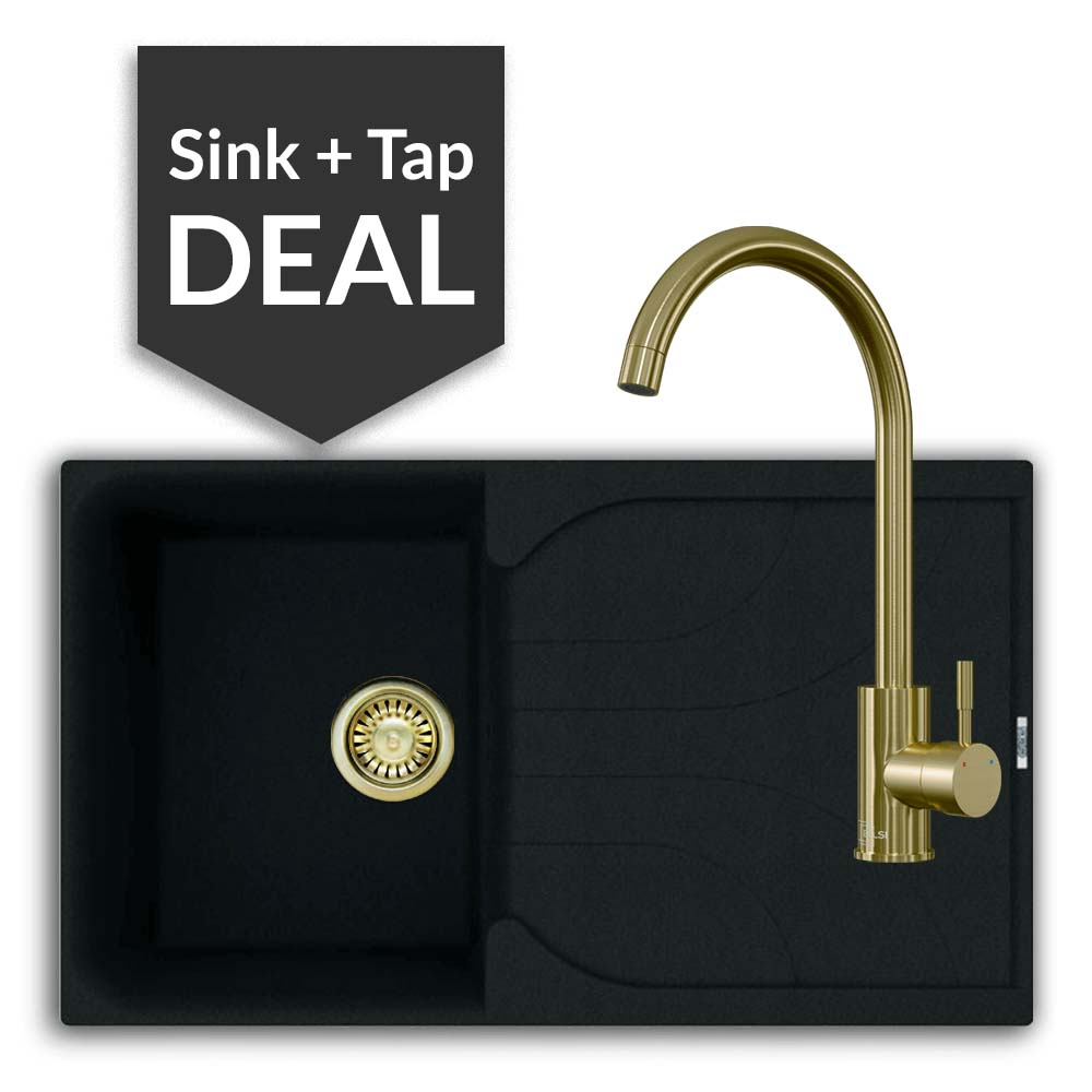 Quartz Black Small Single Bowl Sink & Varone Brass Tap Pack - 2024