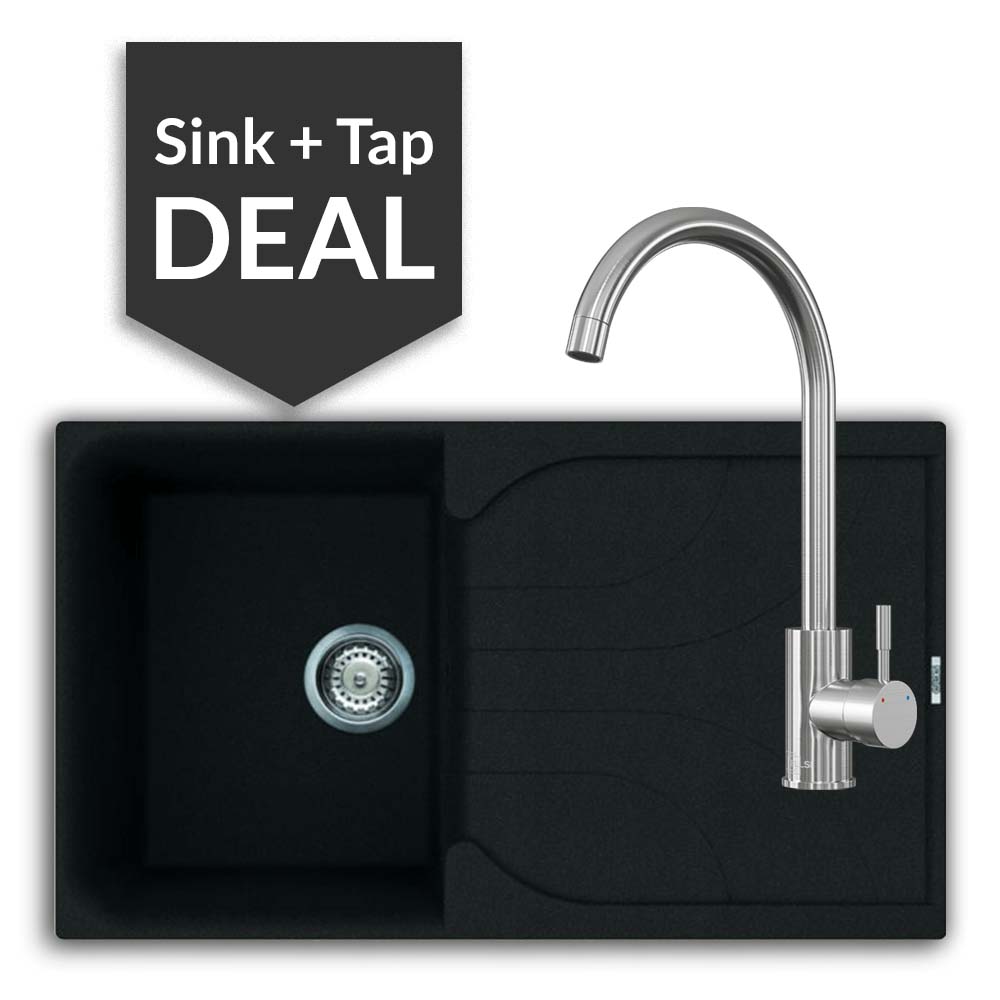 Quartz Black Small Single Bowl Sink & Varone Brushed Steel Tap Pack - 2024