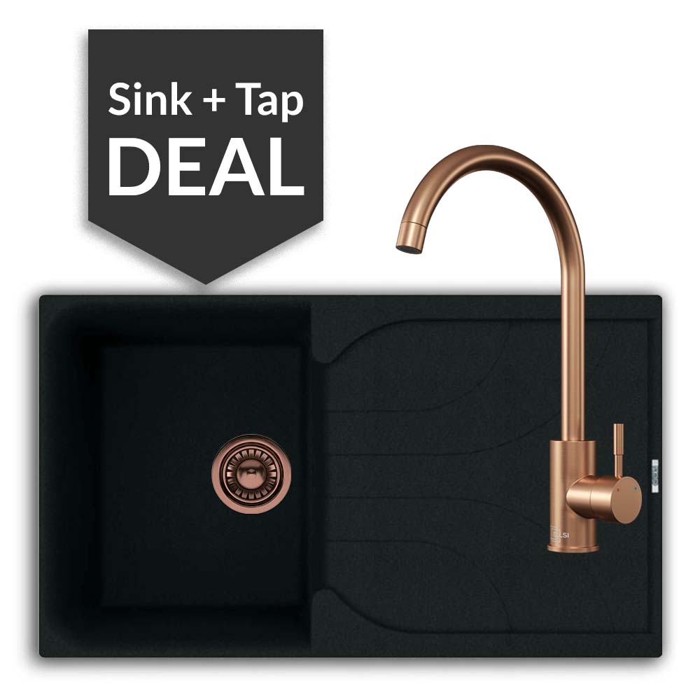 Quartz Black Small Single Bowl Sink & Varone Copper Tap Pack - 2024